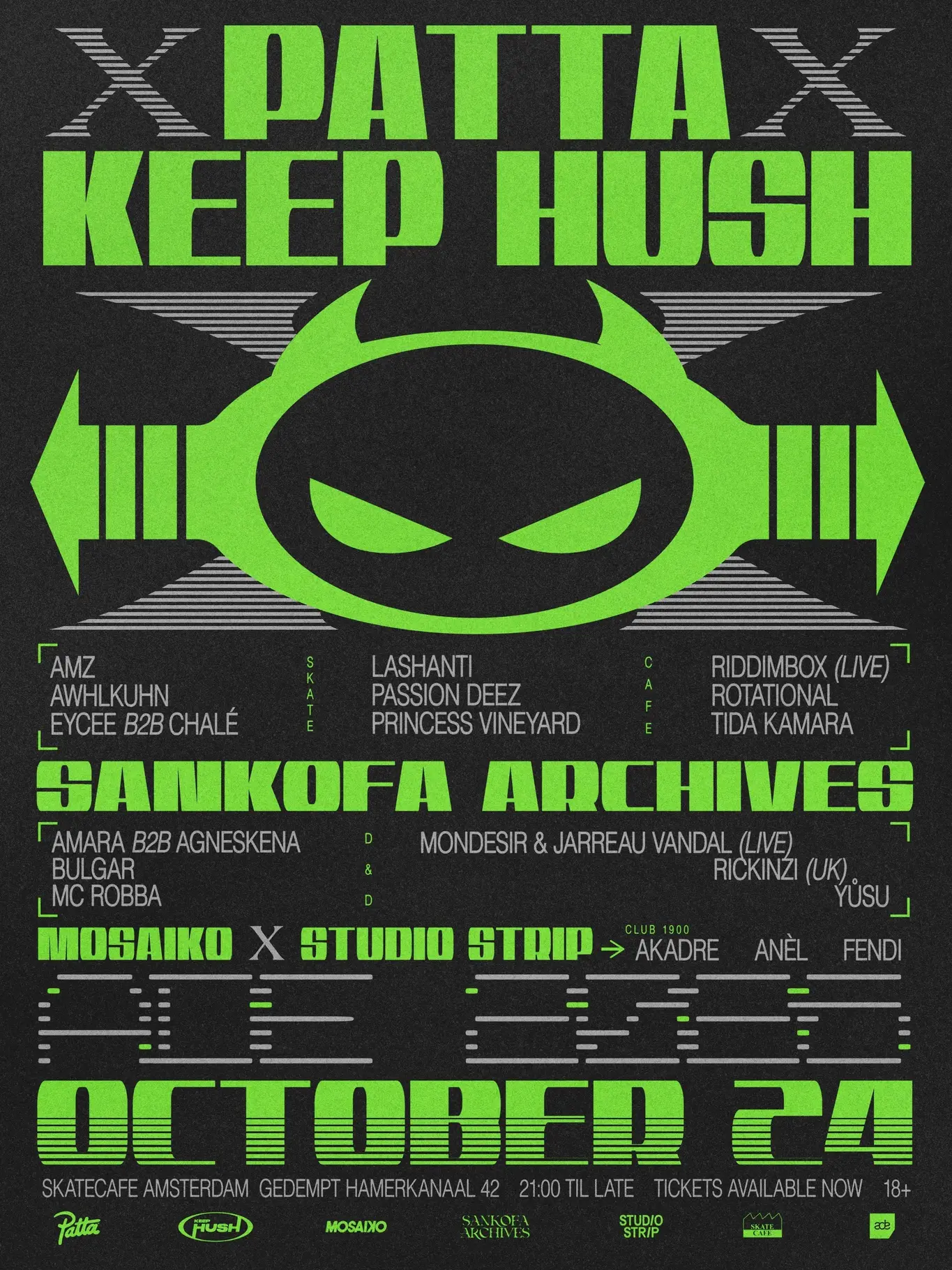 Patta x Keep Hush ADE 2026 event promo graphic for Skatecafe Amsterdam