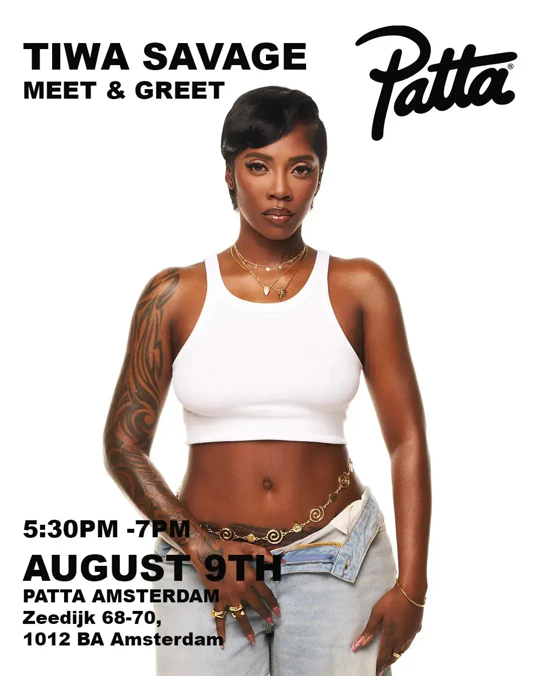 Announcement image for Tiwa Savage's meet and greet at Patta Amsterdam