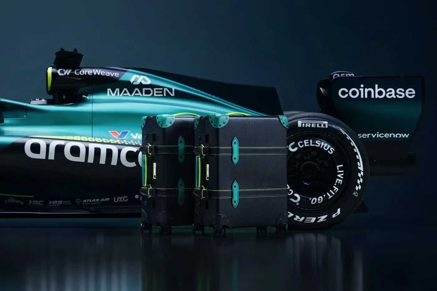 Globe-Trotter Aston Martin Aramco F1 collection case shown at an angle showing full silhouette