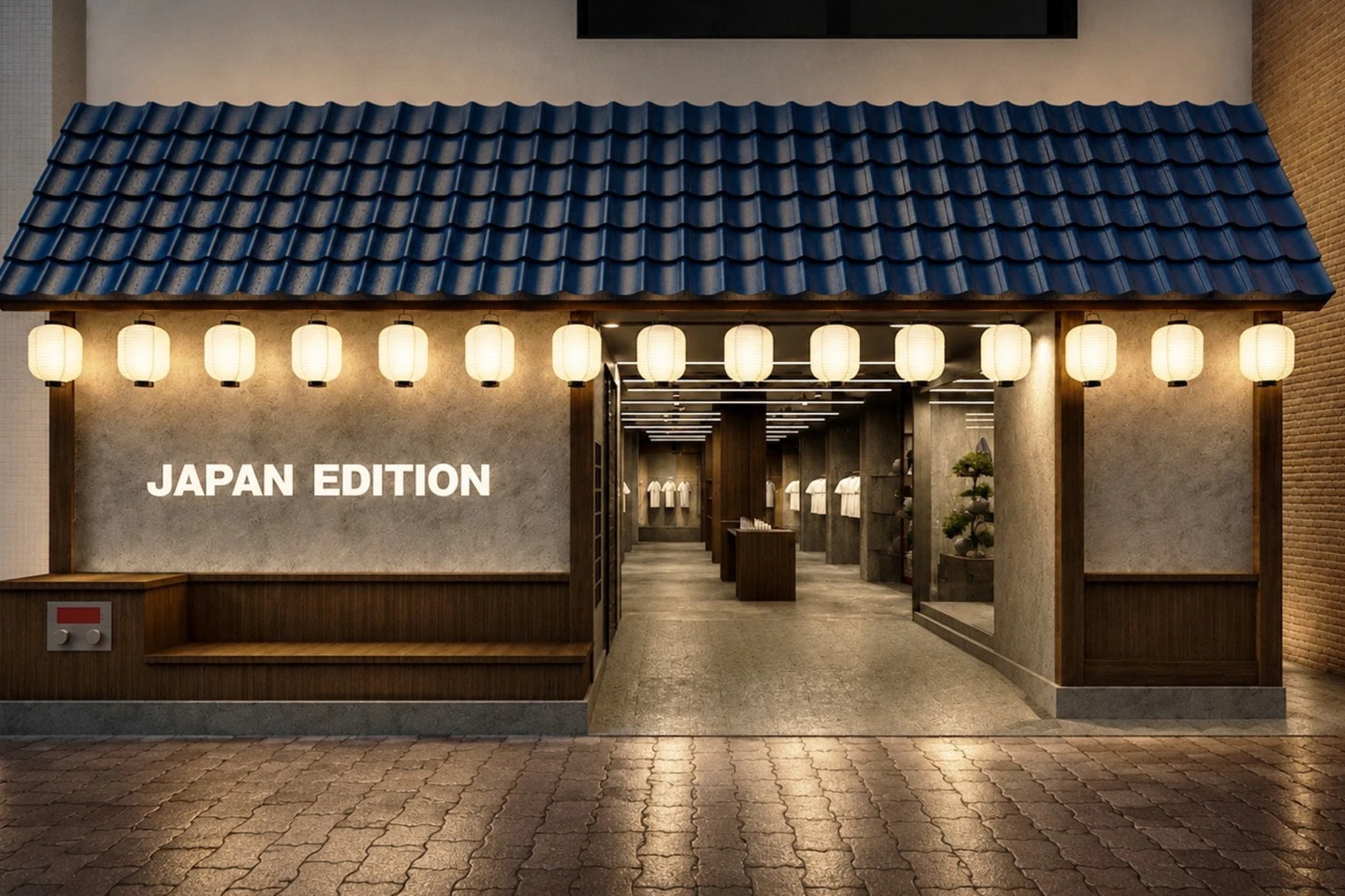 JAPAN EDITION Ginza storefront with denim-blue tiled roof and a row of paper lanterns