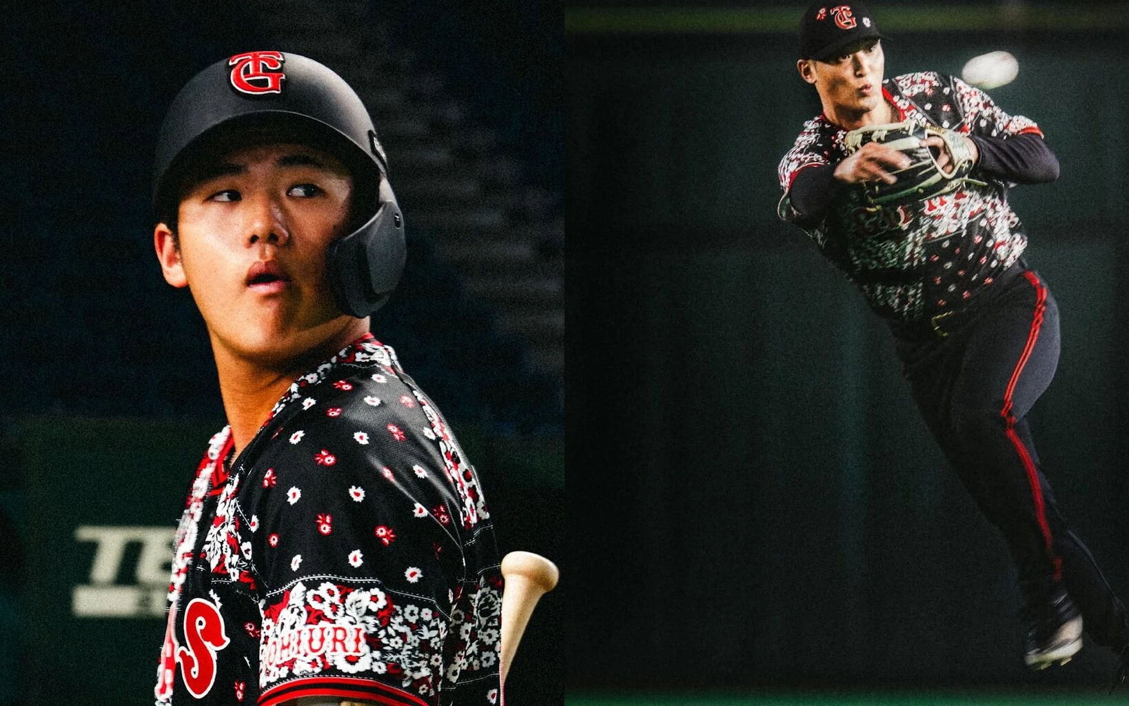 Yomiuri Giants players in the bandana-pattern Jordan Brand uniforms, batter and fielder two-panel