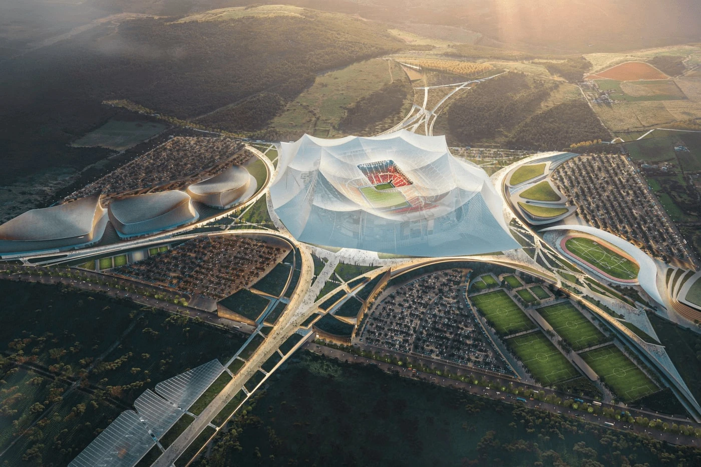 Architectural rendering of Grand Stade Hassan II, Morocco, showing the 115,000-seat bowl and retractable roof structure