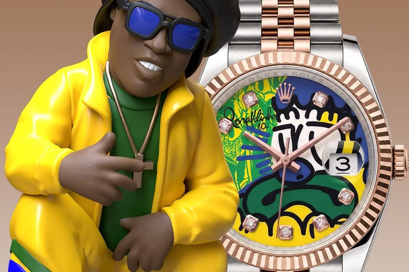 A Rolex watch face reworked with Slawn's spray-painted figures, set against the stock dial's original hardware