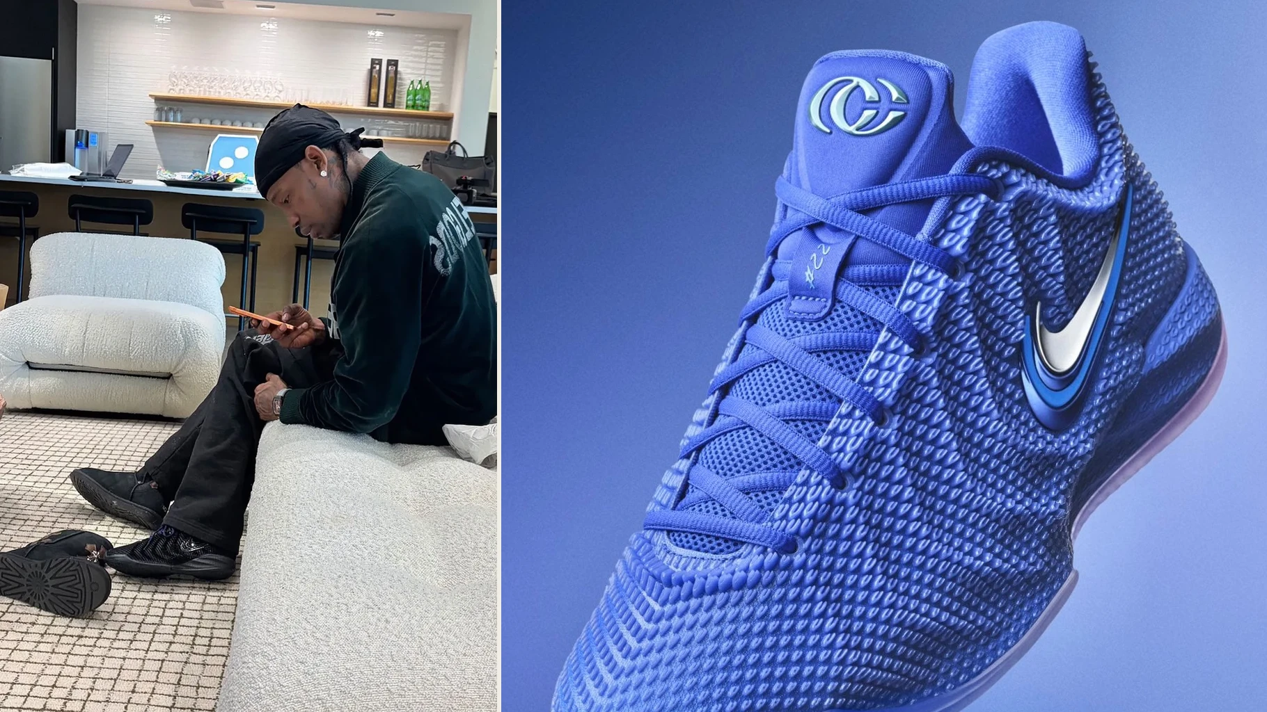 Two-panel image: Travis Scott seated on a sofa wearing the black Nike Caitlin 1, beside a studio detail of the shoe with Caitlin Clark's interlocking-CC tongue logo