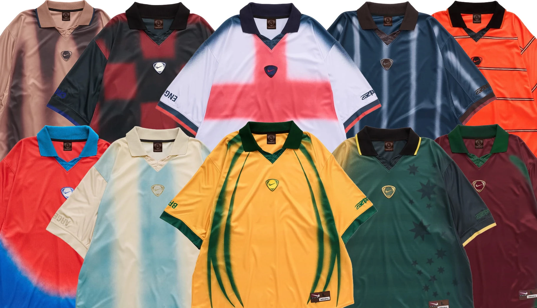Ten Cactus Jack x Nike Total 90 jerseys in national colorways laid out in an overlapping spread